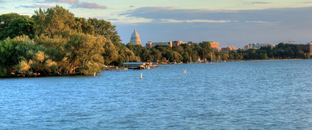 Lake Mendota shoreline looking back at State Capitol building.