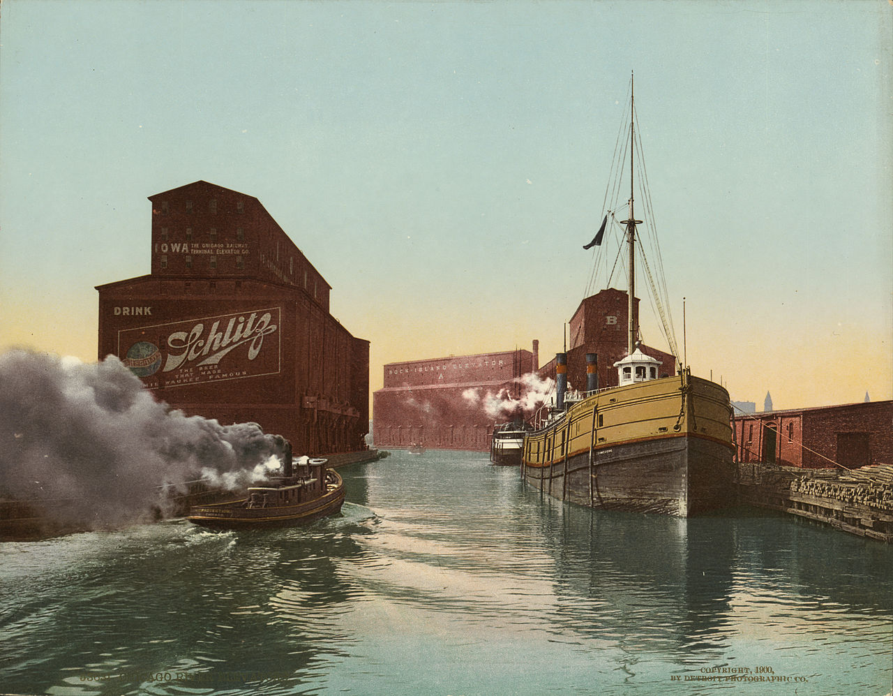 Schlitz advertising on the Chicago River grain elevators.
